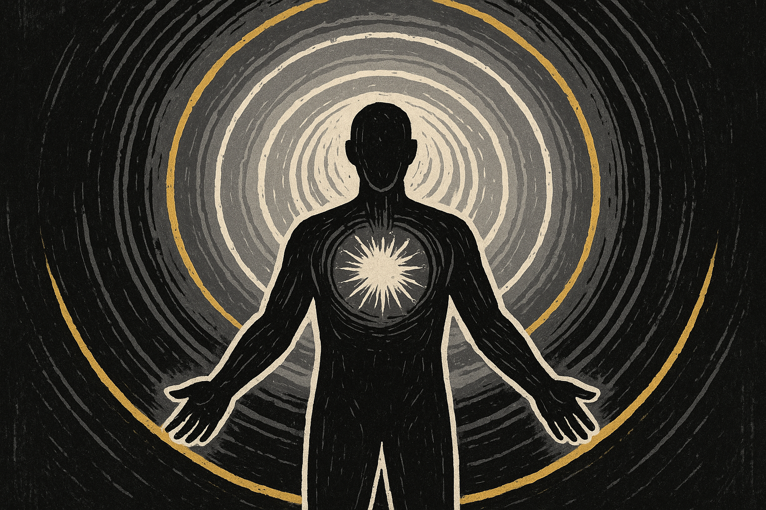 A human silhouette radiating expanding rings of light - unlocking layers of potential