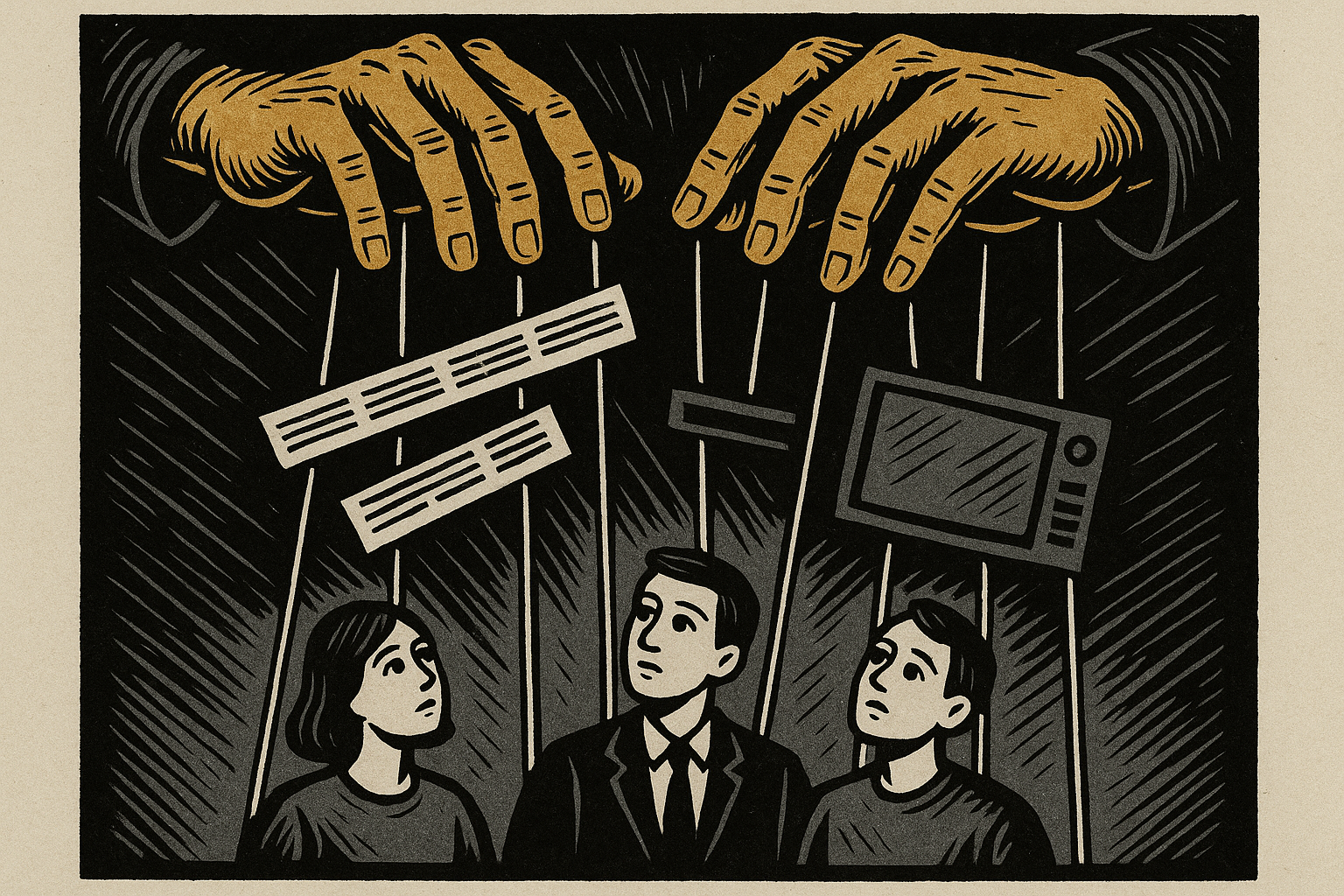 Puppet master hands controlling marionettes via strings of headlines and screens