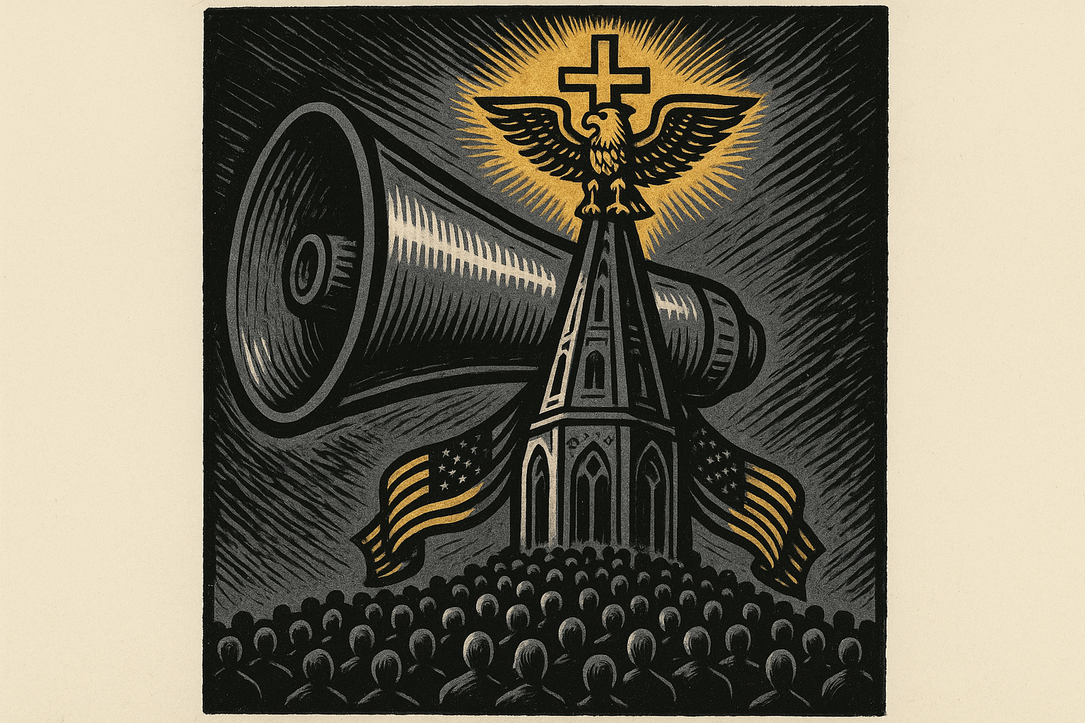 A megaphone transformed into a cathedral spire with civic and sacred symbols fused