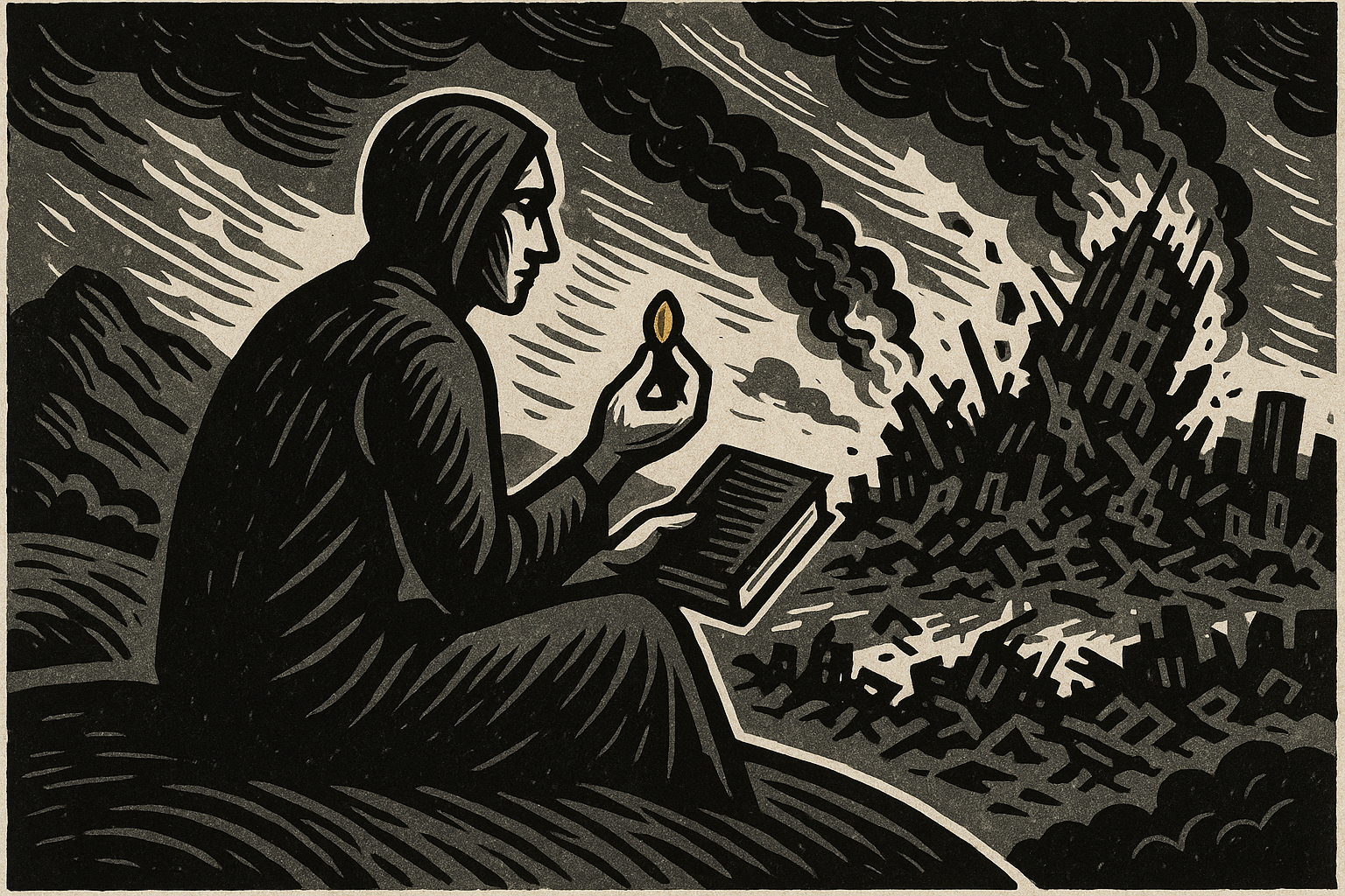 A calm figure watching a distant city crumble while holding a seed of renewal