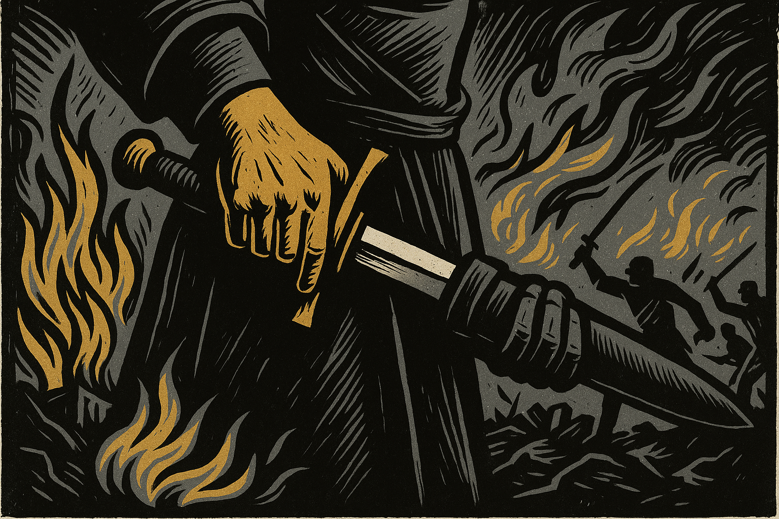 A sword being deliberately sheathed amid chaos - measured restraint as a discipline