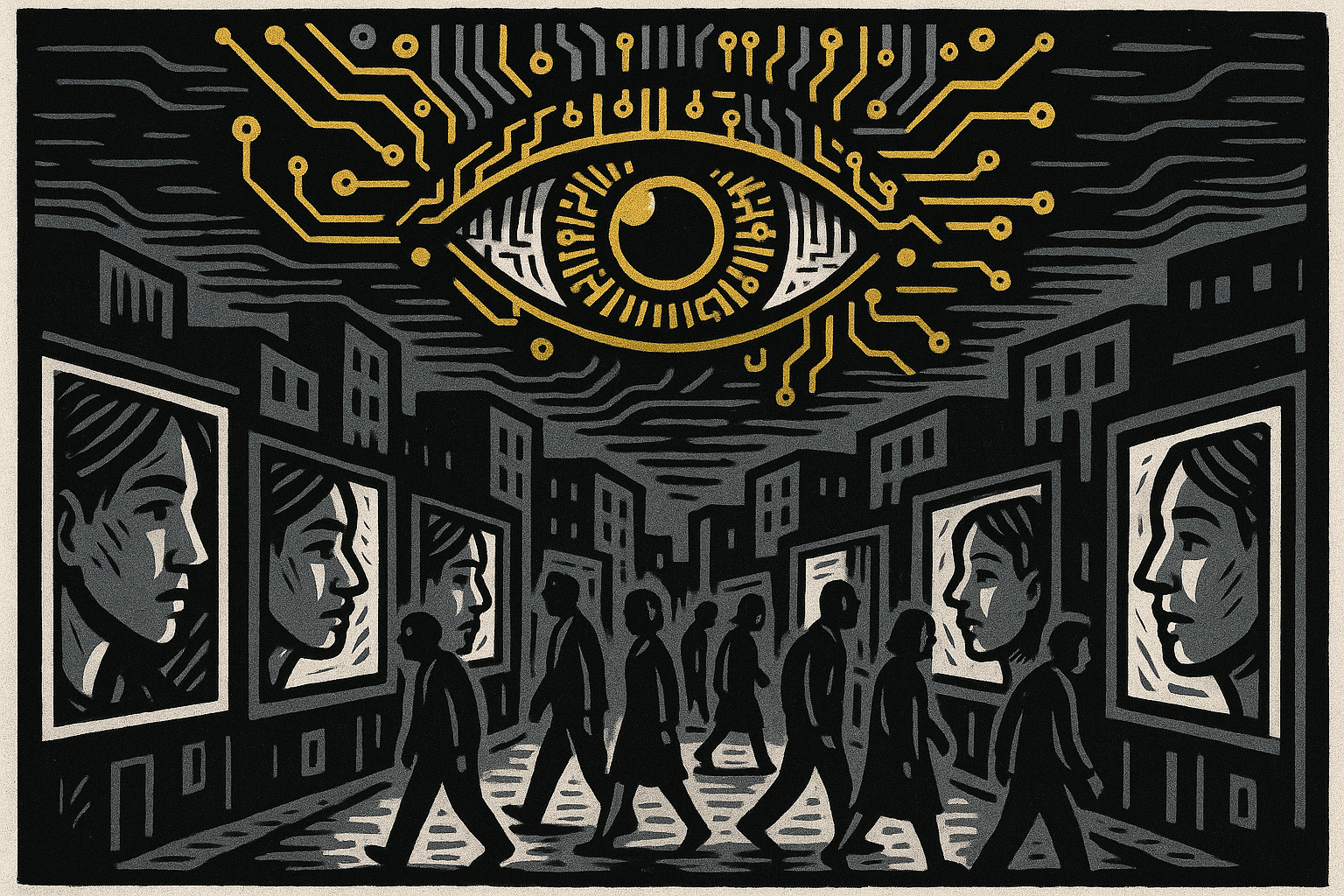 A giant circuit-board eye watches over a city of consumers reflected in screens