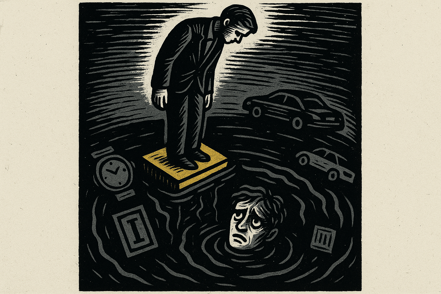 A figure on a pedestal gazing at their distorted reflection surrounded by status symbols