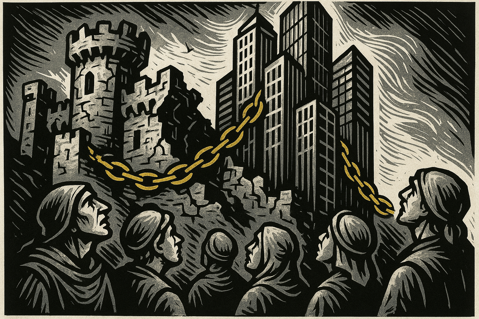 A crumbling castle consumed by corporate towers - feudal power dynamics returning in modern form