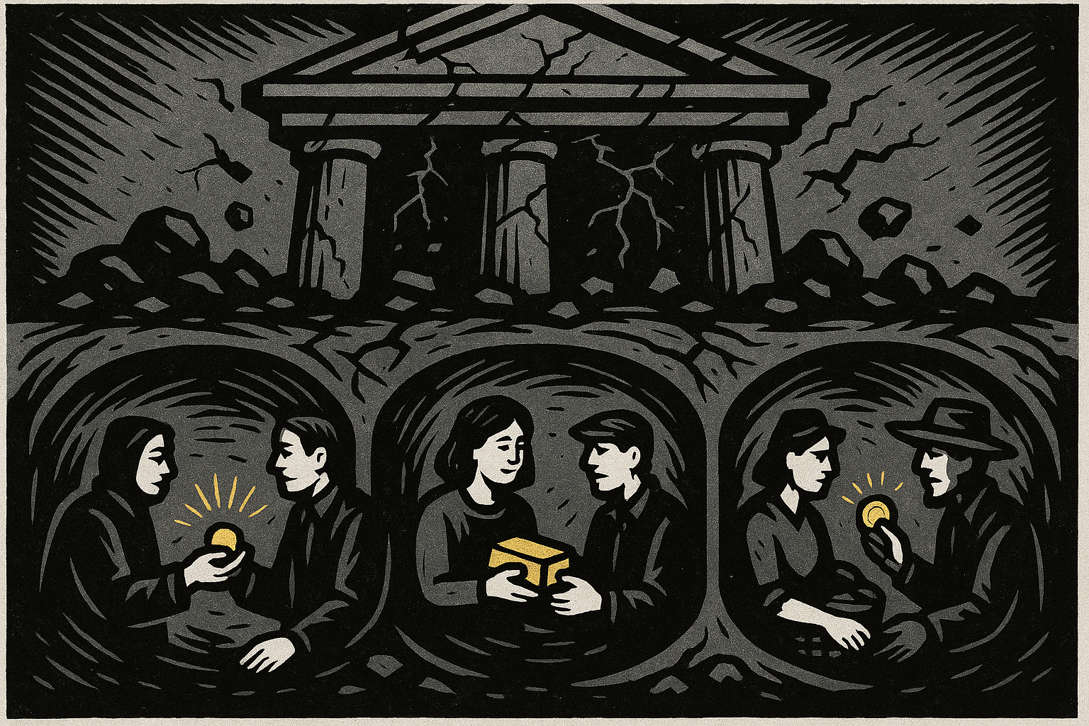 Editorial woodcut illustration of an underground counter-economy with figures trading freely beneath a crumbling state