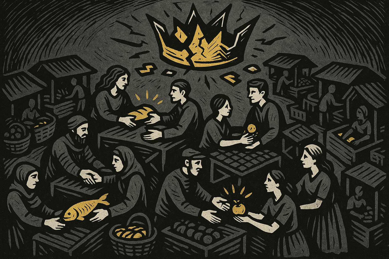 Editorial woodcut illustration of a decentralized marketplace with voluntary trade flourishing beneath a shattered crown