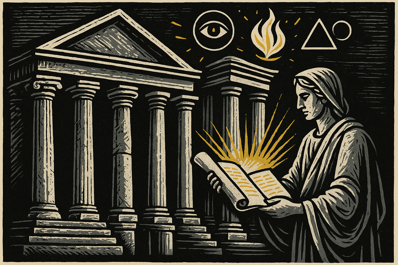 Editorial woodcut illustration of a Greek temple transforming into modern pillars with symbols of reason and enlightenment