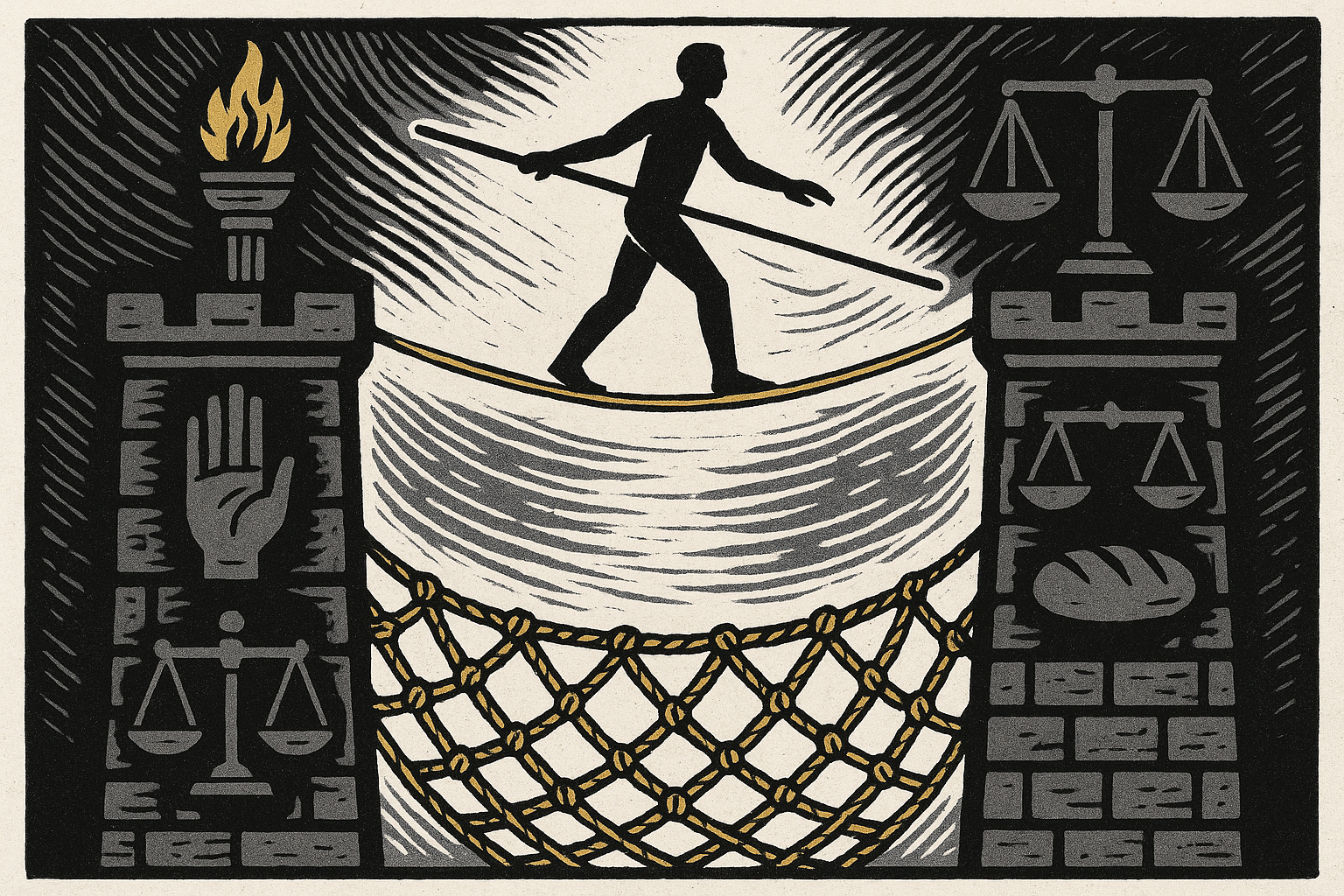 Editorial woodcut illustration of a figure balancing between towers of individual liberty and social equality