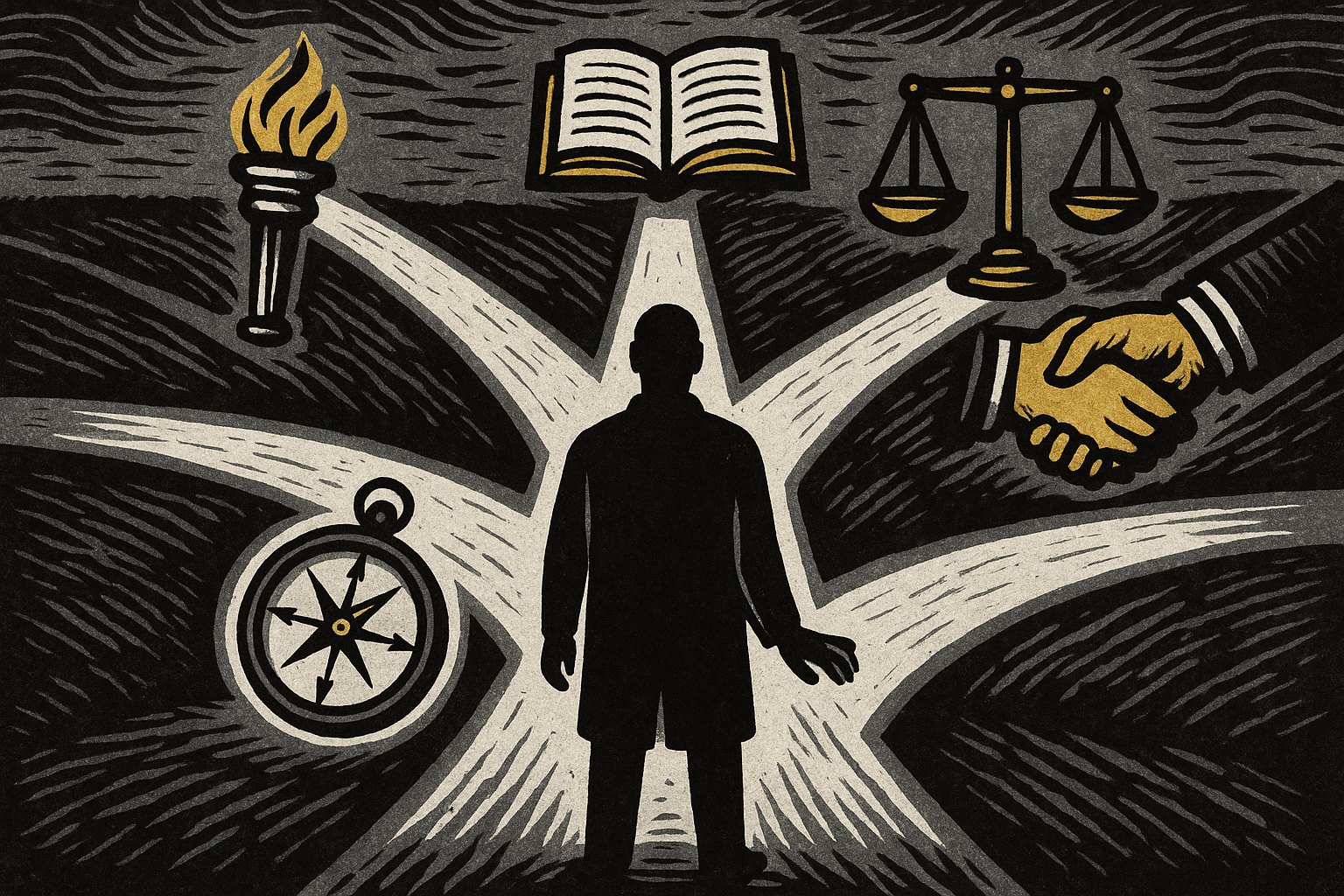 Editorial woodcut illustration of a figure at a crossroads holding a compass, paths lined with symbols of freedom