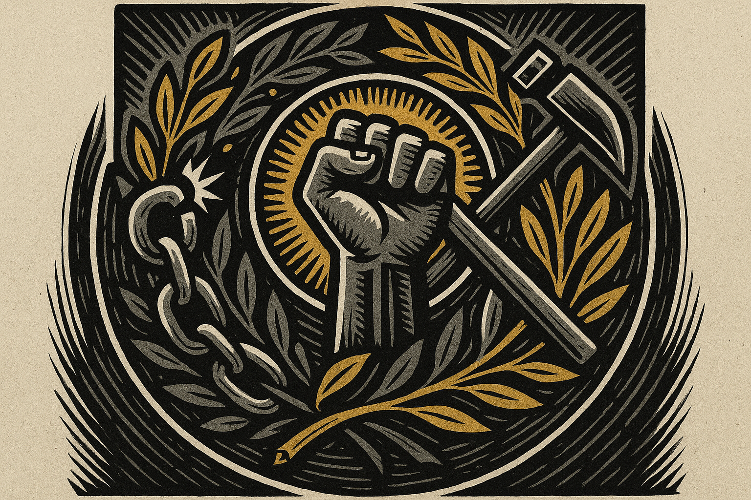Editorial woodcut illustration of interconnected socialist and libertarian symbols forming a mandala of cooperative autonomy