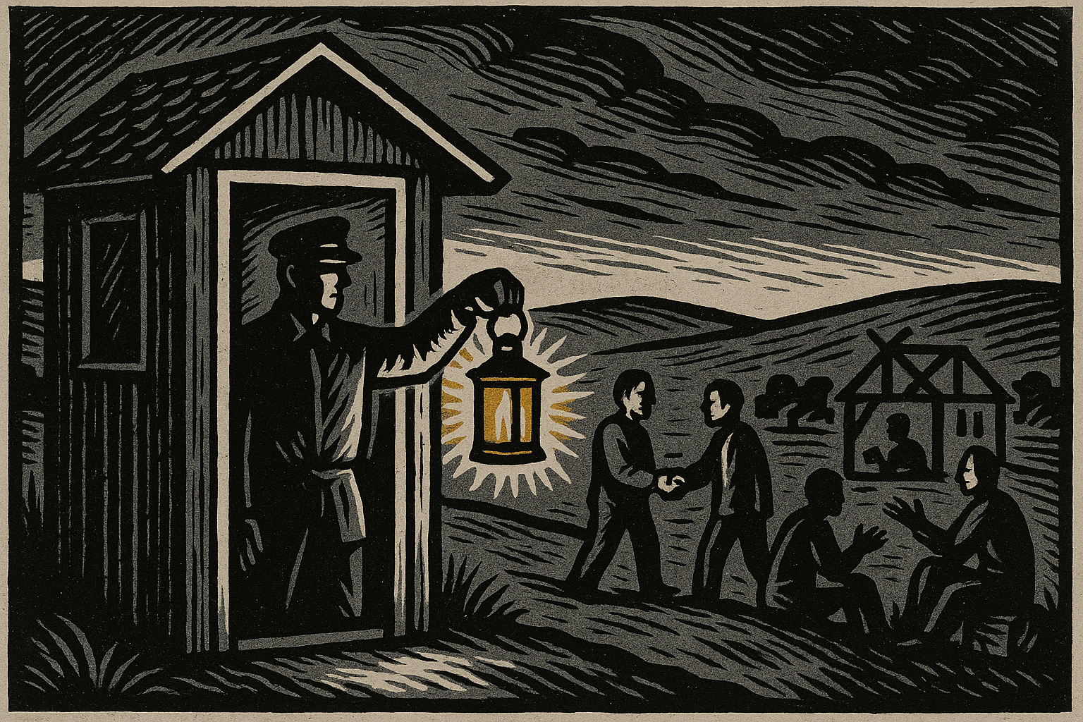 Editorial woodcut illustration of a minimal state represented by a small watchtower amid vast open landscape