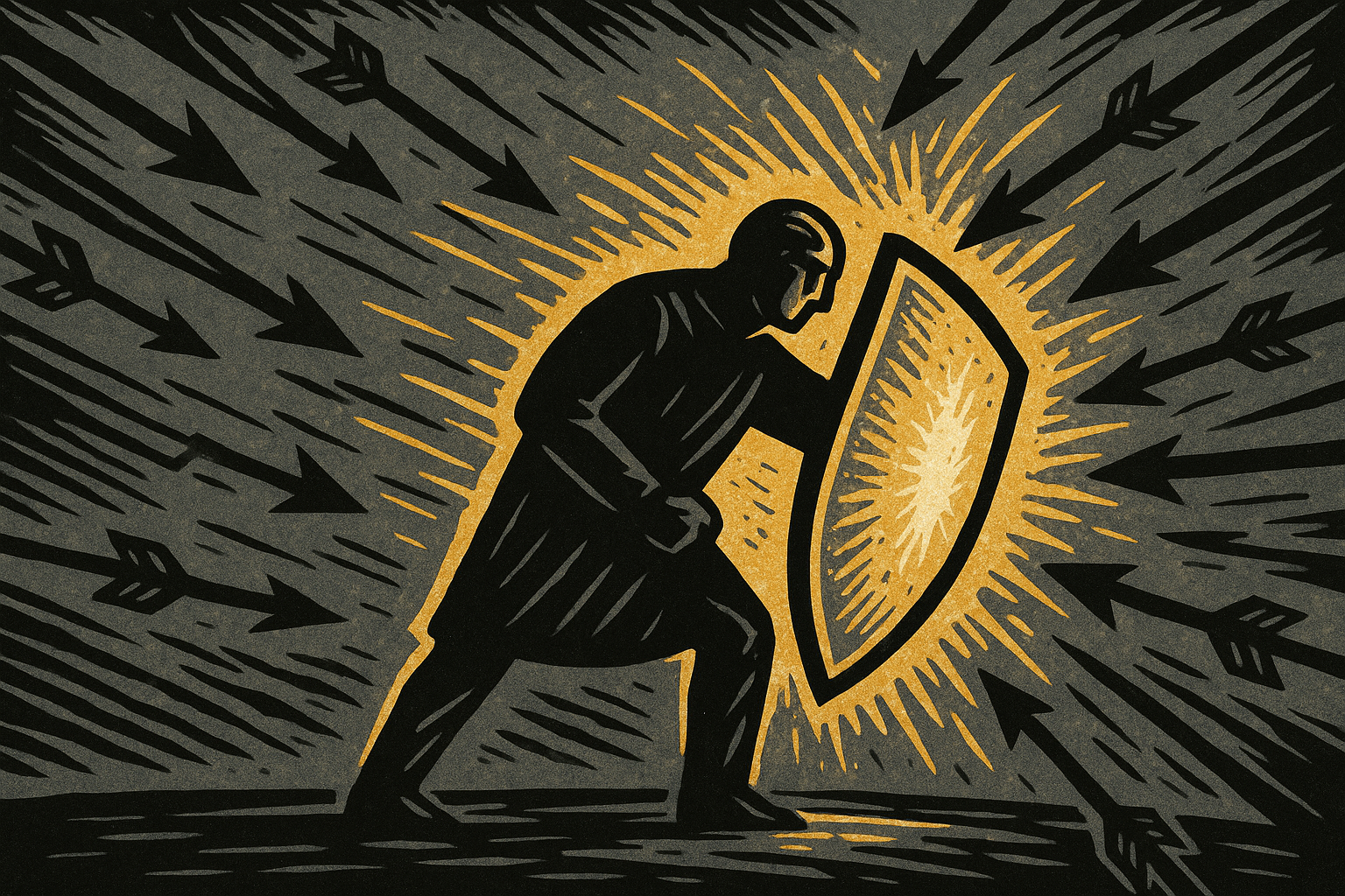 A solitary figure with a glowing shield deflecting arrows of imposed obligations