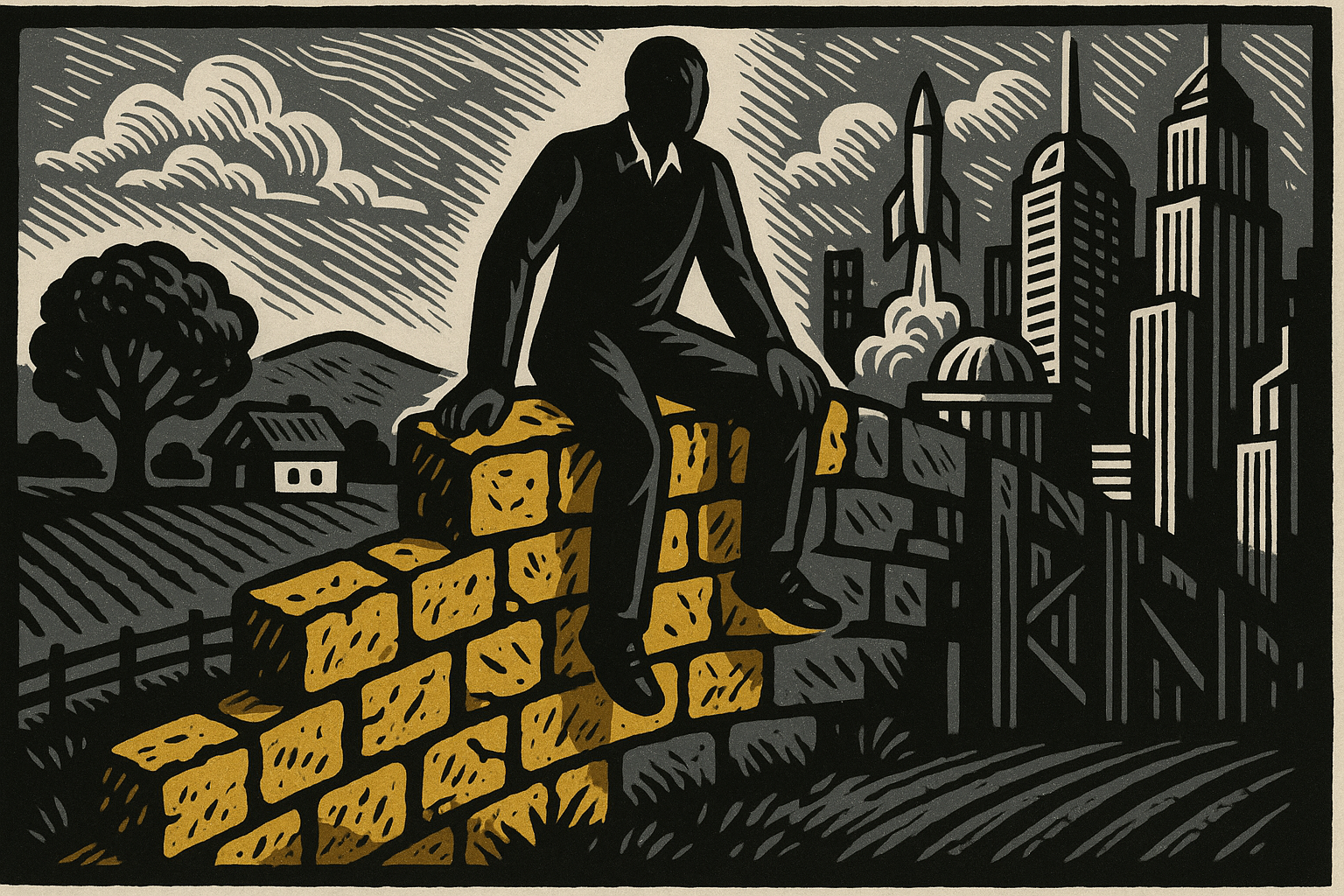 Editorial woodcut illustration of a figure standing between pillars of tradition and liberty