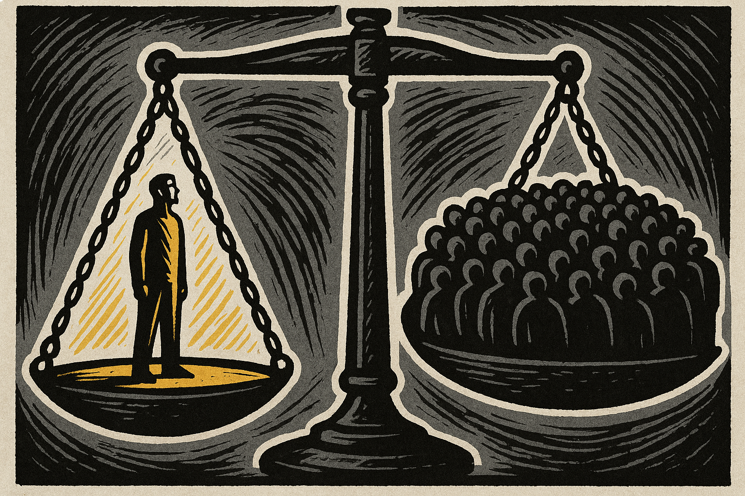Scales of justice with an individual weighted by gold natural rights against a pressing crowd
