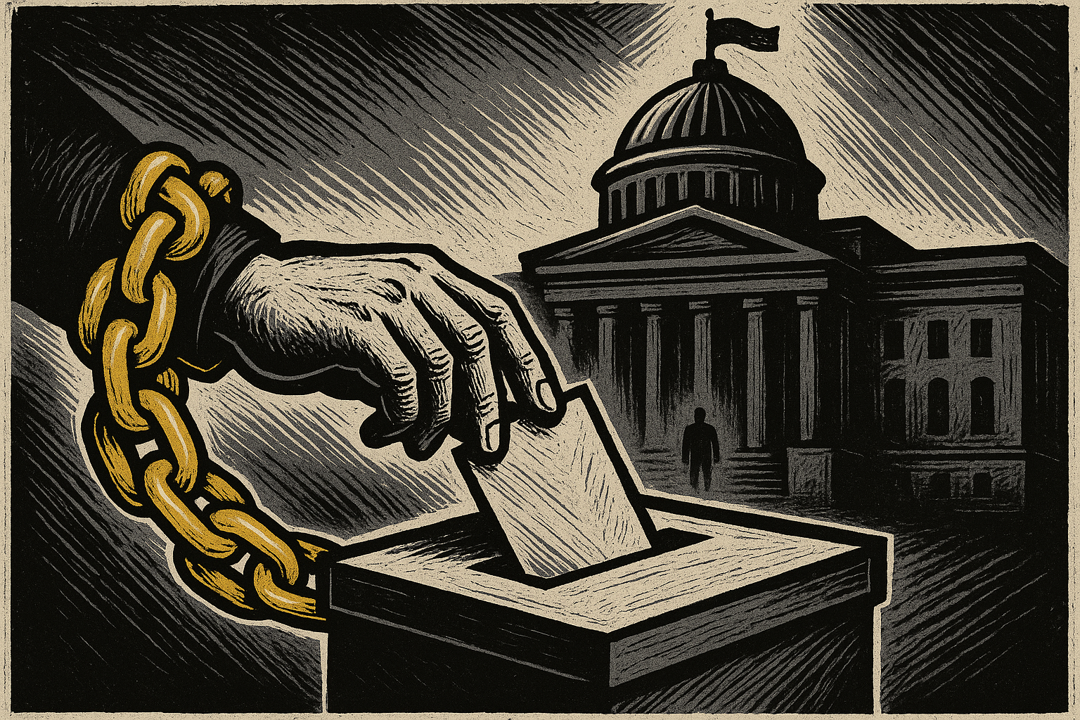 A hand reaching for a ballot box wrapped in chains of bureaucracy