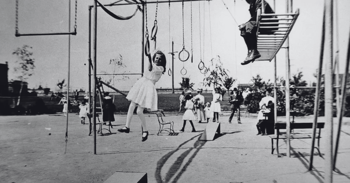 Black and white photo of a playground that is just right