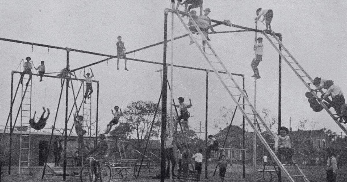 Black and white phot of a playground that is too dangerous