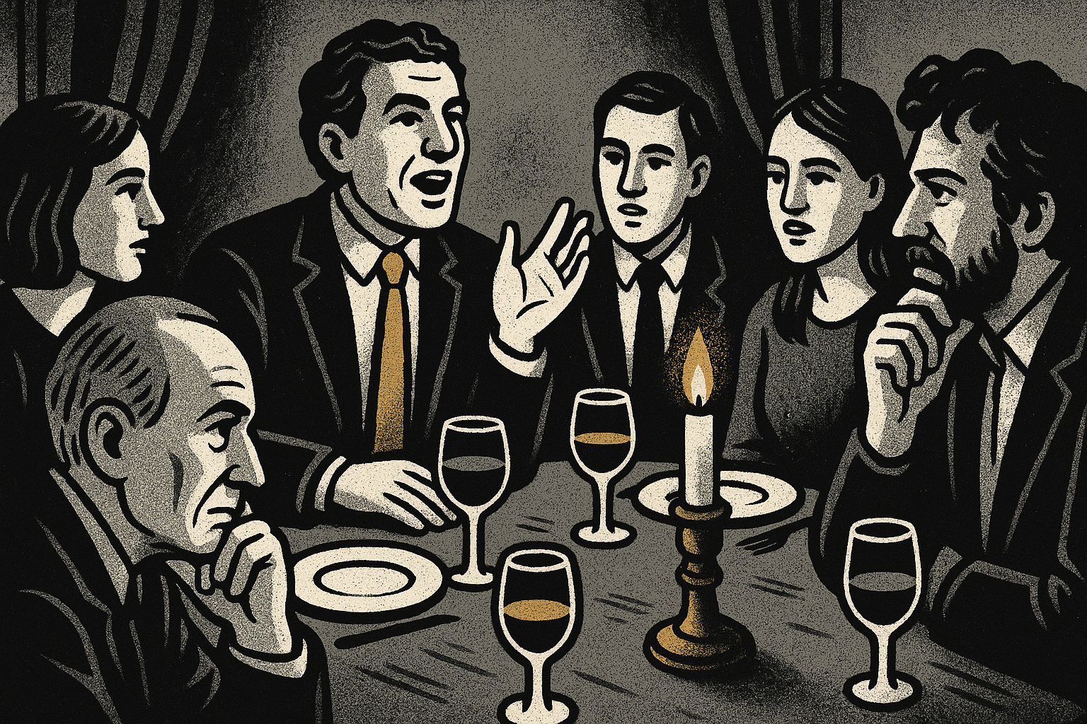 Dinner party scene with one person holding court while others listen