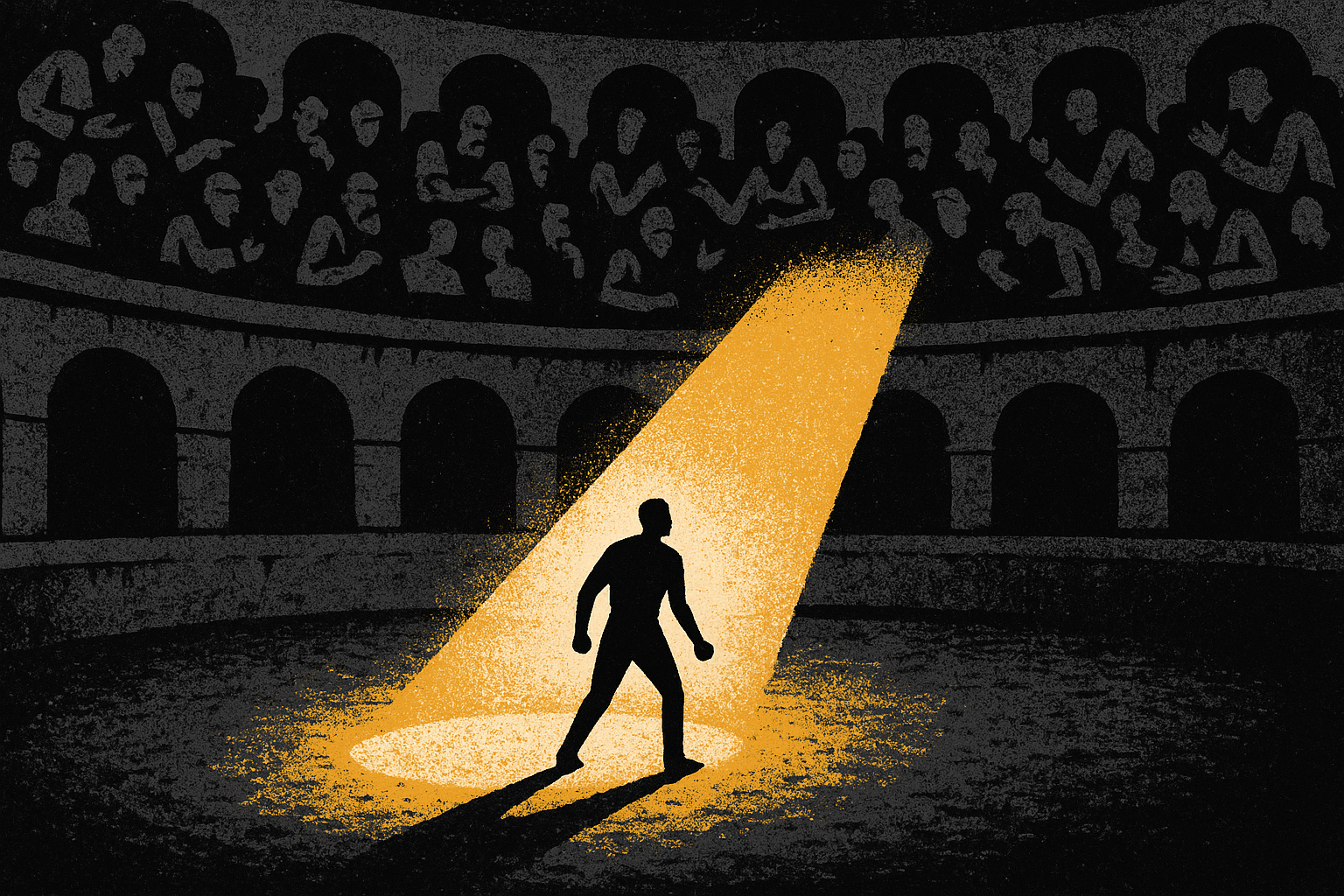 Lone figure standing in a golden spotlight inside a Roman arena while crowds watch from above in shadow