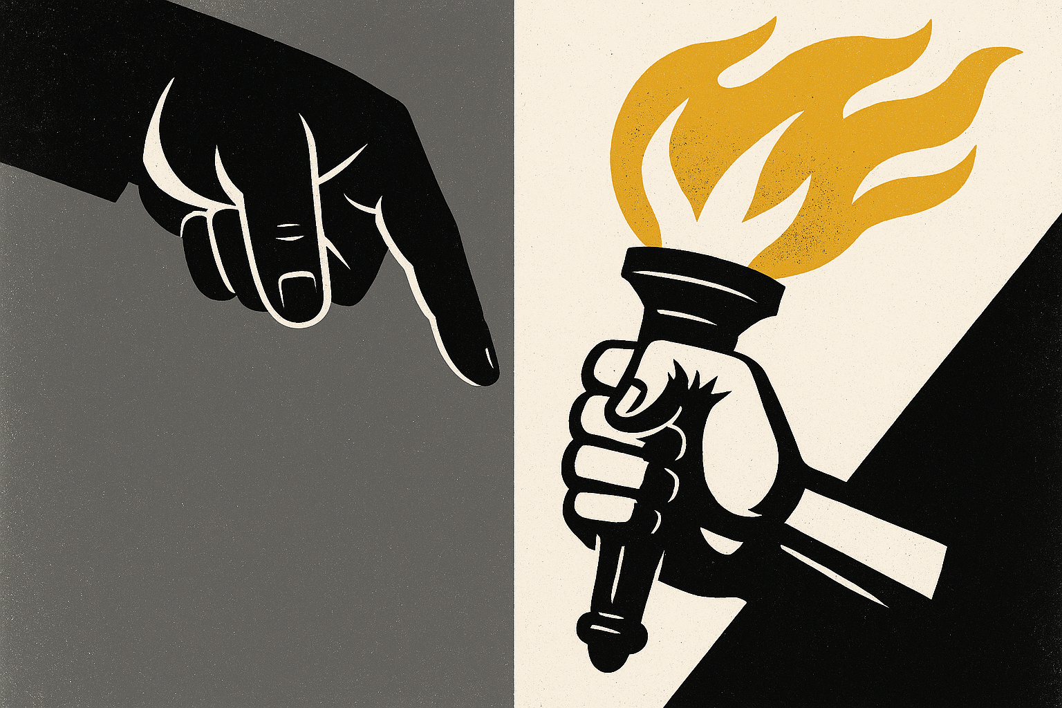 Abstract illustration of an accusing finger pointing down contrasted with a hand holding a torch aloft