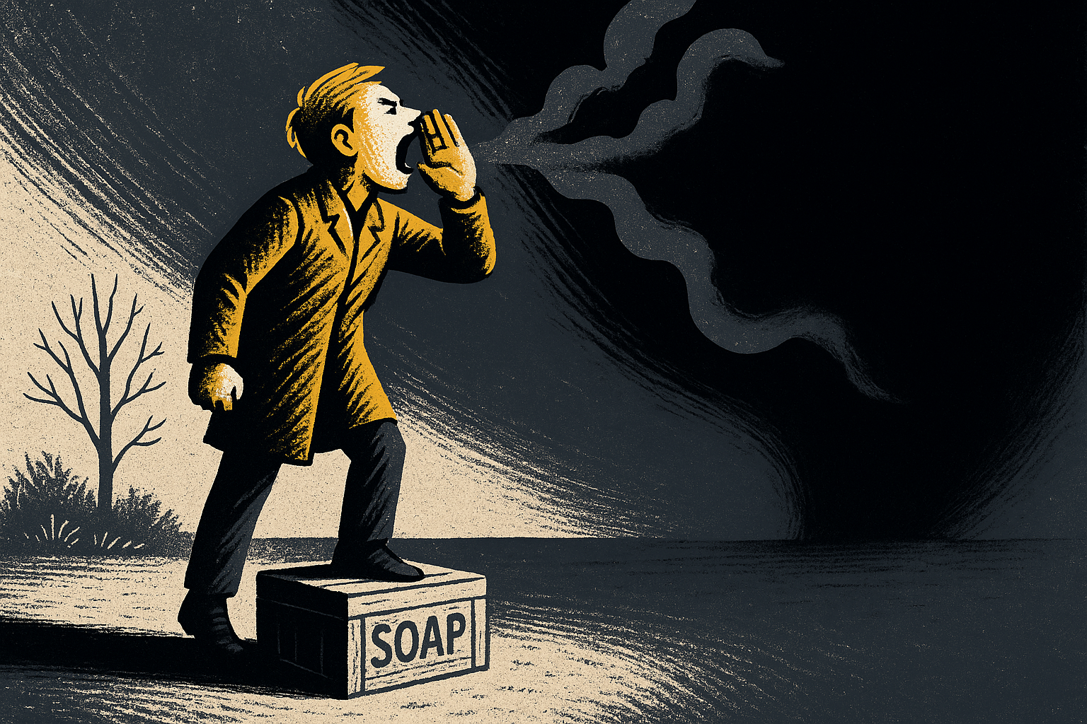 Figure shouting from a soapbox into the void with words dissolving into smoke