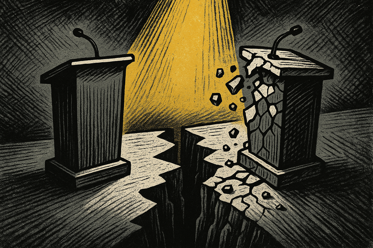 Two debate podiums separated by a widening chasm, one crumbling, gold spotlight between them - woodcut editorial illustration