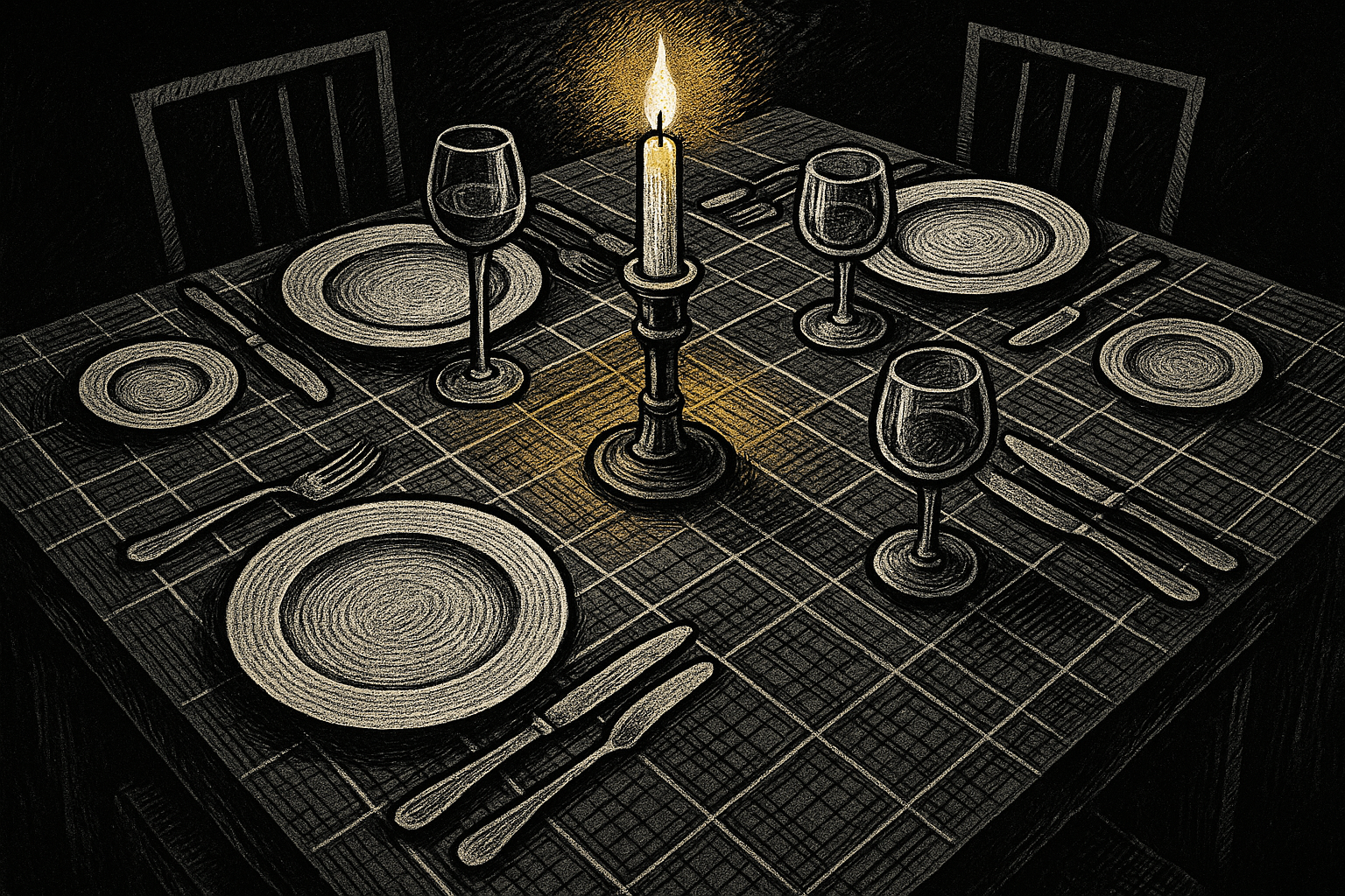 Formal dinner table with precise place settings and candlelight suggesting the hidden infrastructure of social restraint - woodcut editorial illustration