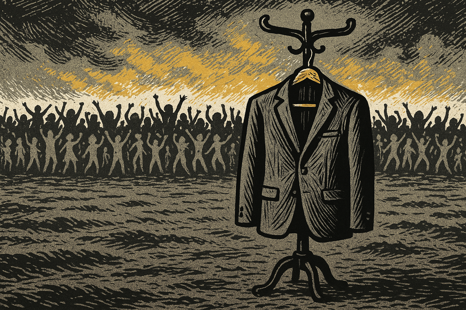 Abandoned formal suit jacket on a coatrack in a field with a celebrating crowd in the background - woodcut editorial illustration