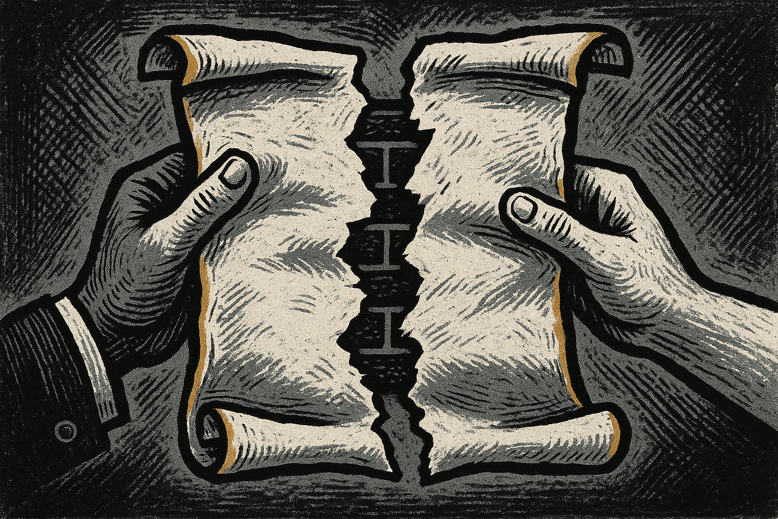 Two hands tearing a parchment document apart revealing a brick wall beneath - woodcut editorial illustration