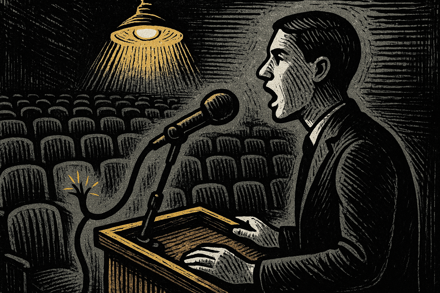 Man speaking at a podium with a severed microphone cable in an empty auditorium - woodcut editorial illustration