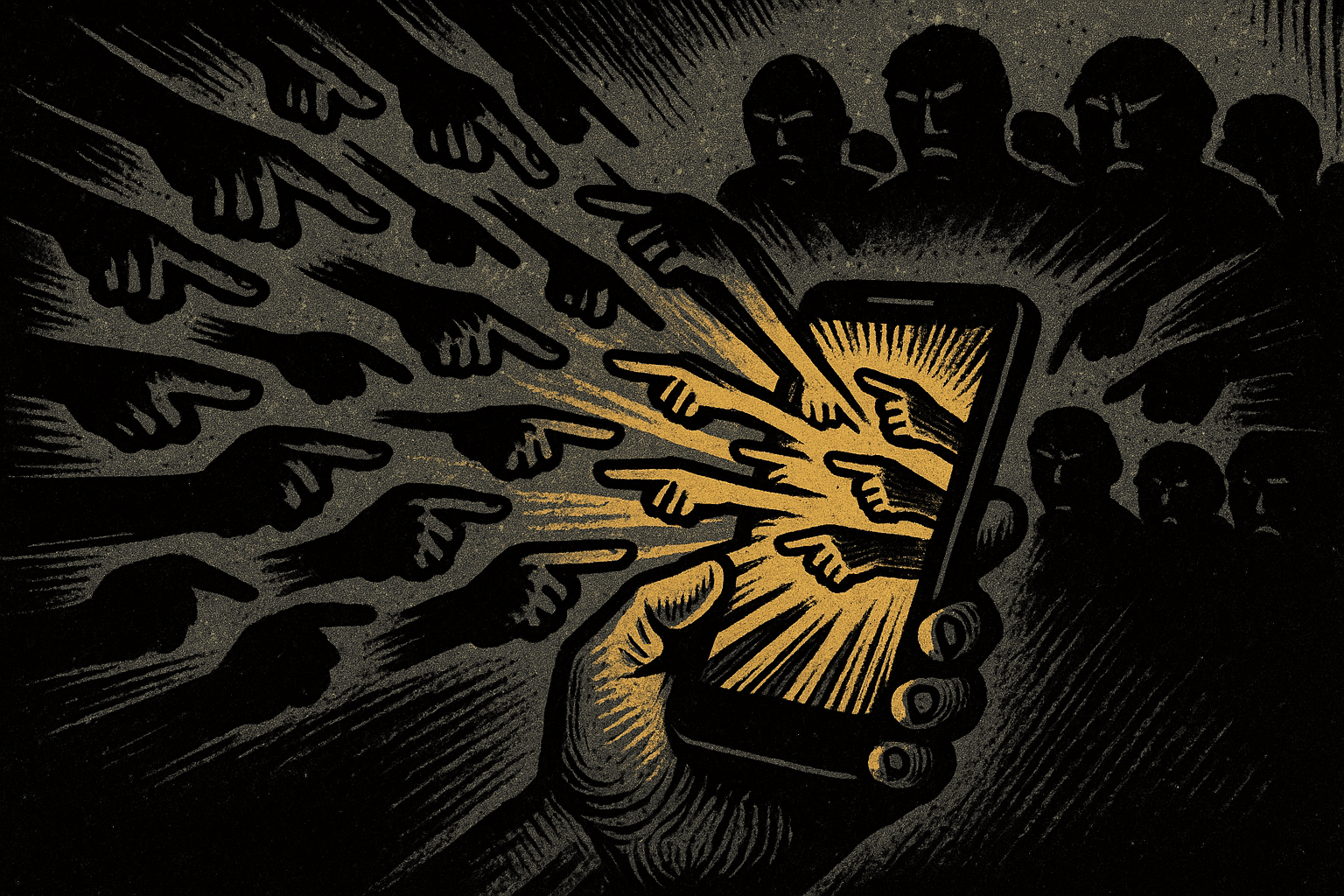 Smartphone with accusatory pointing fingers radiating from the screen, shadowy mob behind - woodcut editorial illustration
