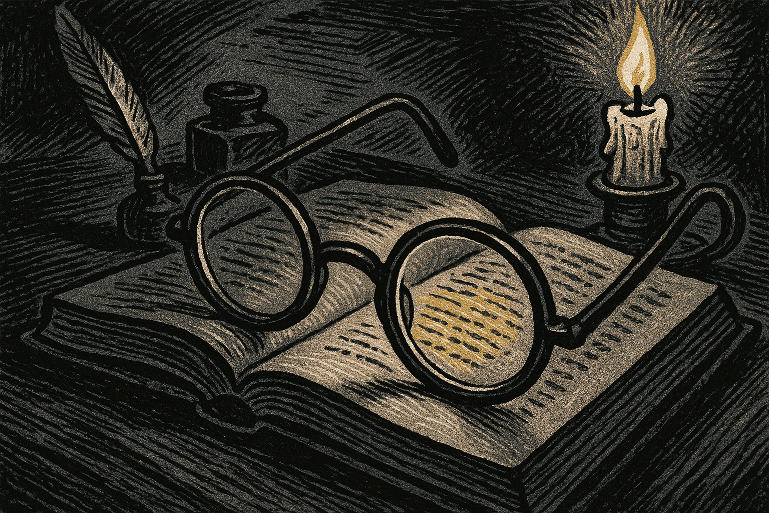 Antique spectacles resting on an open book beside a candle and quill pen - woodcut editorial illustration