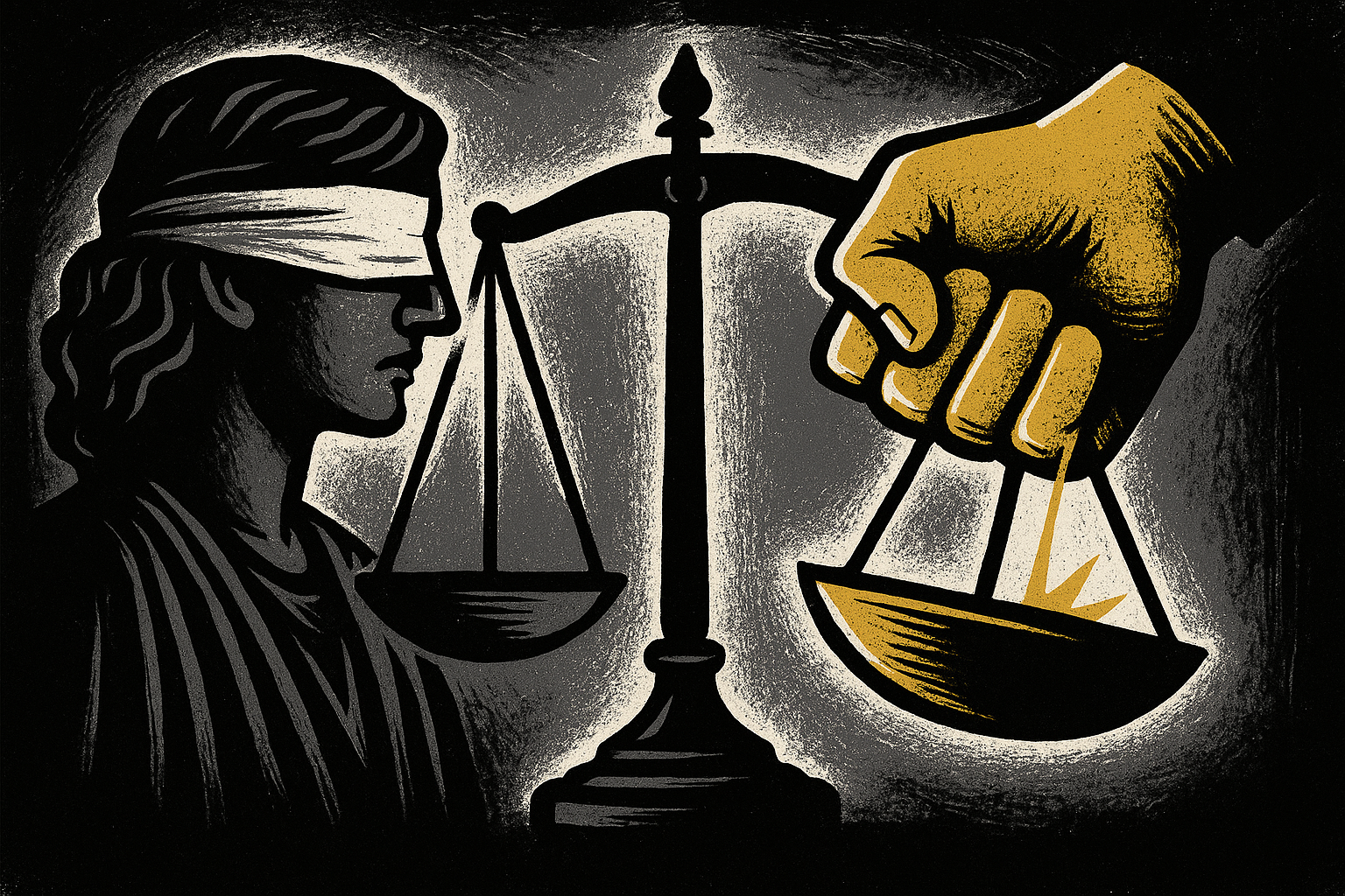 Scales of justice tipped by a golden hand of power