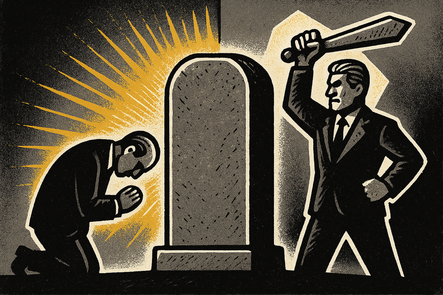 Leader bowing to the law on one side versus standing above it on the other