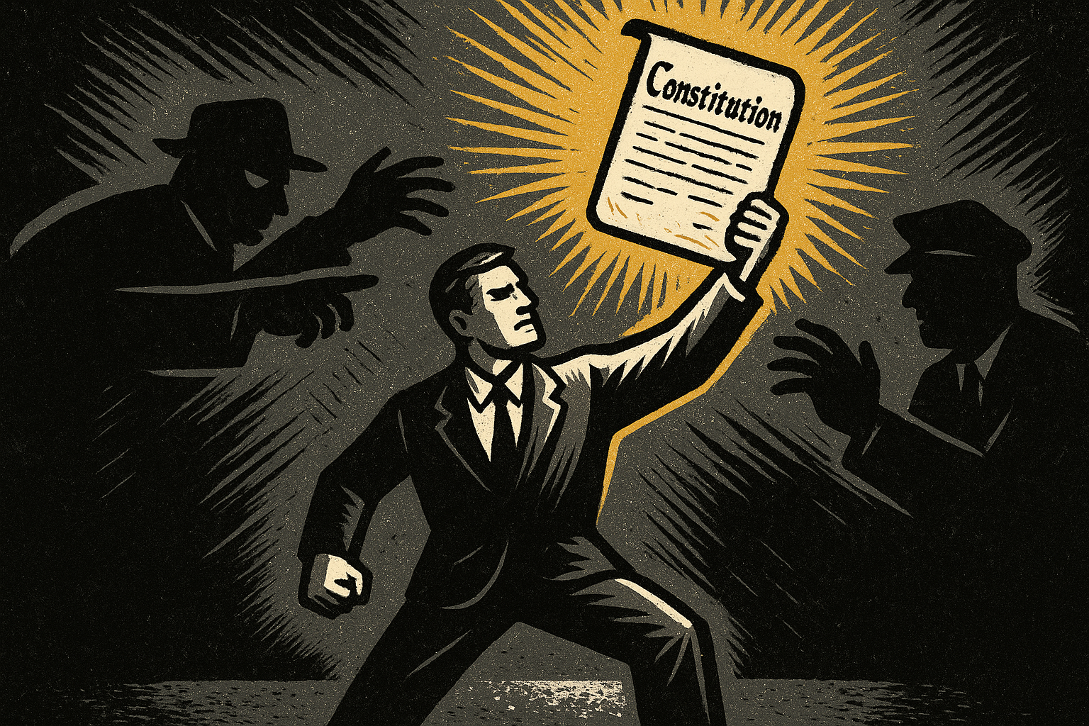 Man holding up a glowing Constitution against shadowy authority figures