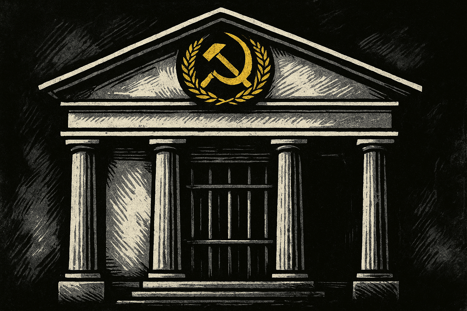 Grand official facade with prison bars hidden behind it