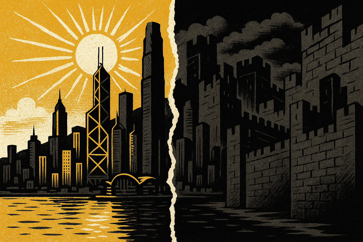 City skyline split between golden freedom and encroaching shadows