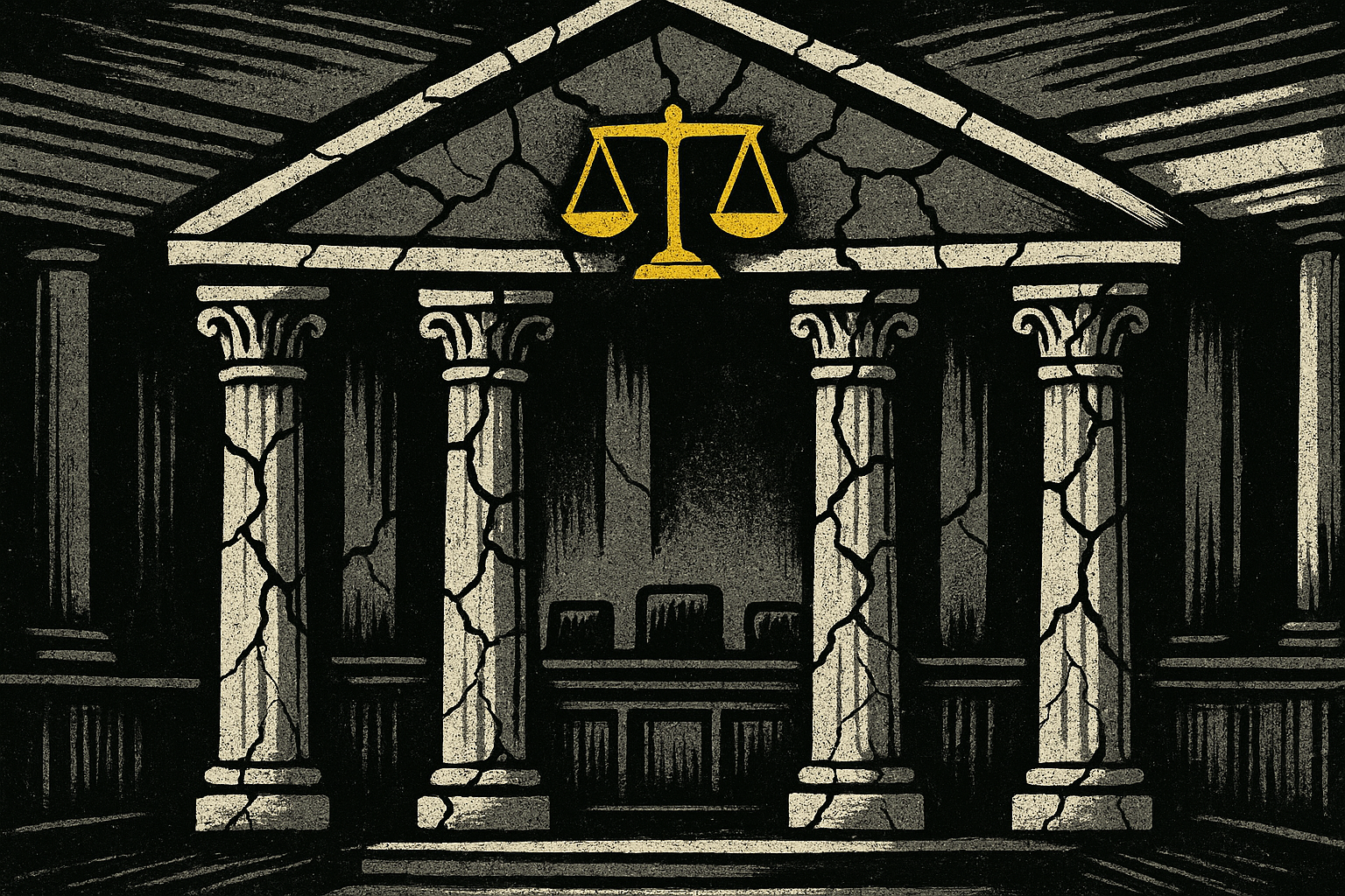 Courtroom pillars of justice showing cracks