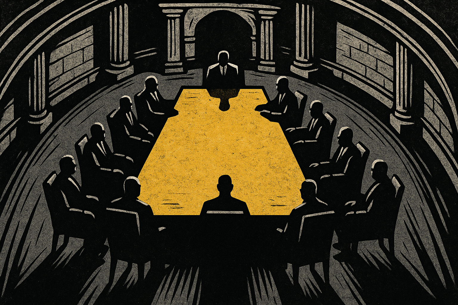 Powerful figures seated around a grand assembly table casting long shadows