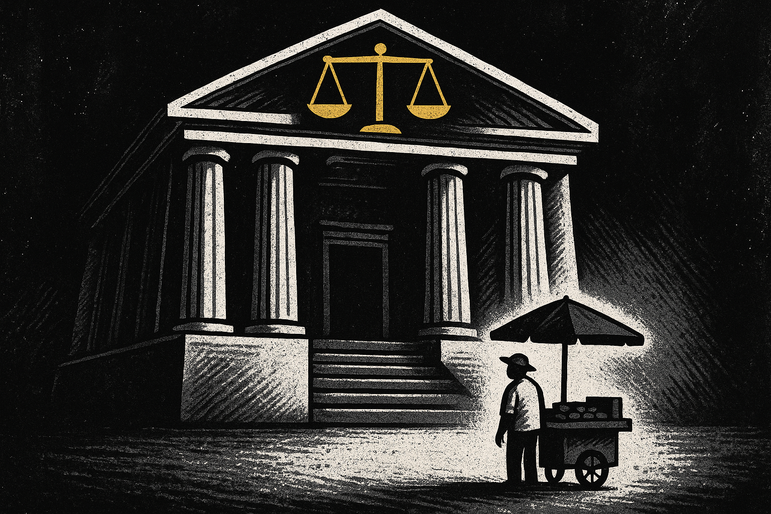 Small street vendor standing before a massive courthouse