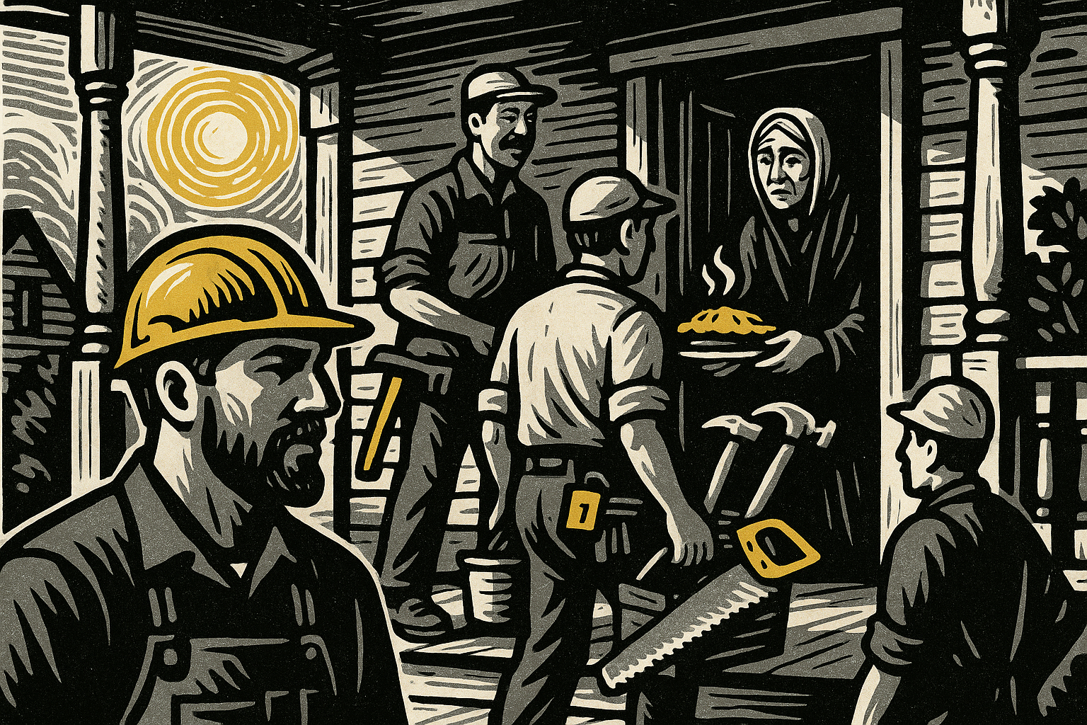 Allegorical woodcut of a foreman and neighborhood community filling space left when a distant authority withdraws