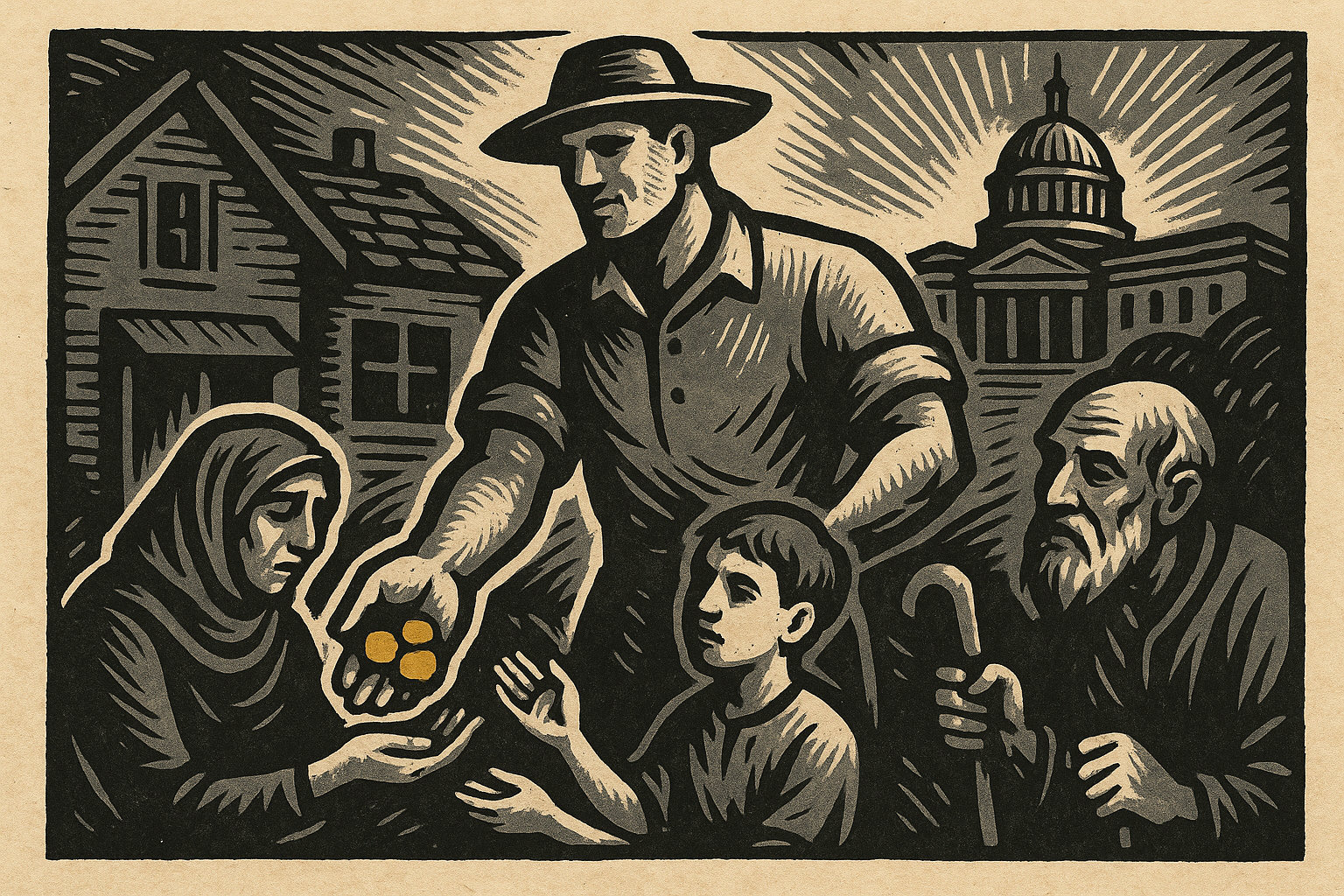 AI woodcut - man with paid-off house and small business, helping neighbors freely