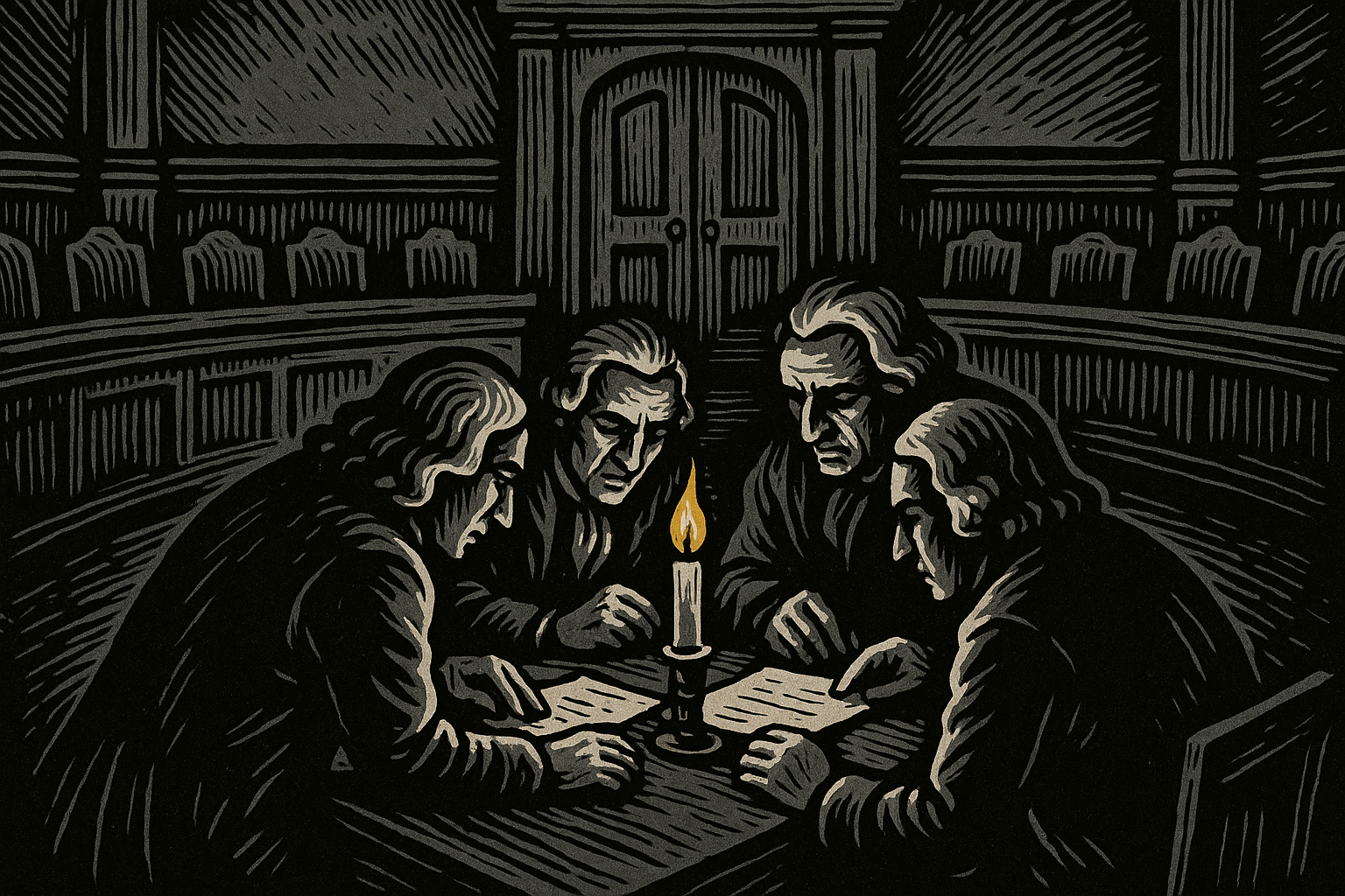 Deliberative privacy: an 18th-century Senate chamber, four figures around a table by candlelight