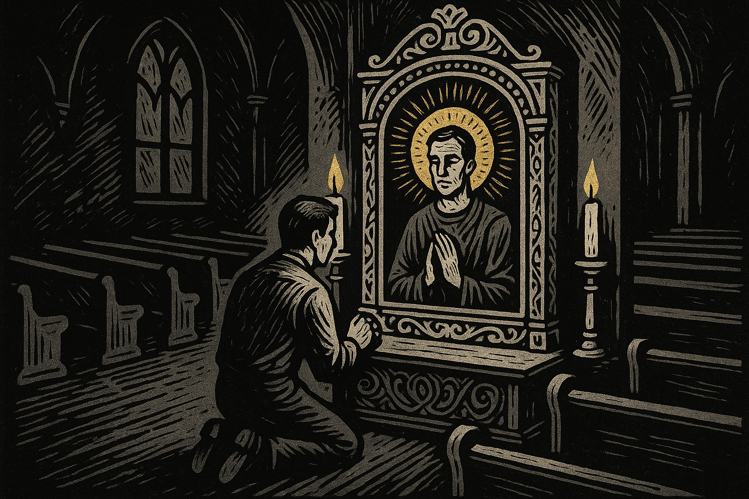 AI woodcut allegory of a man worshipping a mirror, representing the self installed as god