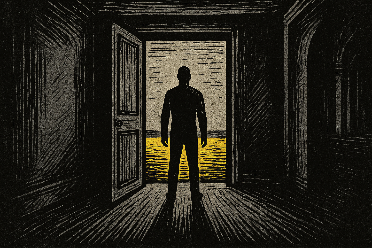 Libertarian: a solitary figure stands in an open doorway looking across a wide horizon