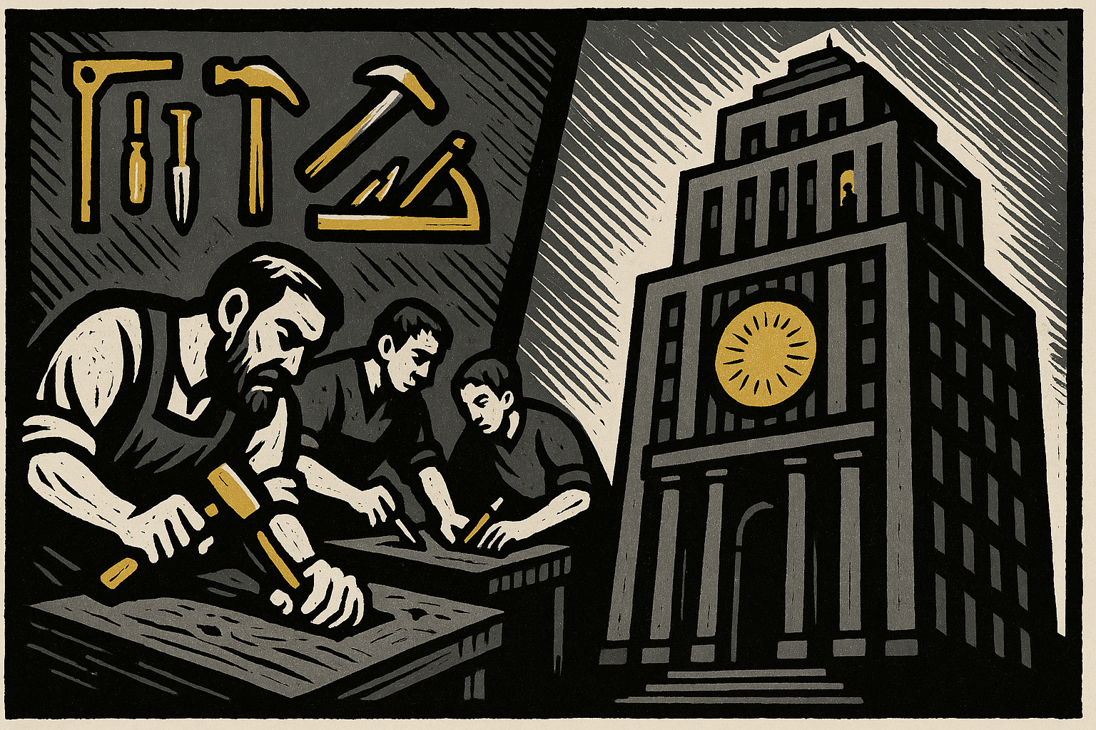 AI woodcut - worker cooperative workshop versus state ministry building