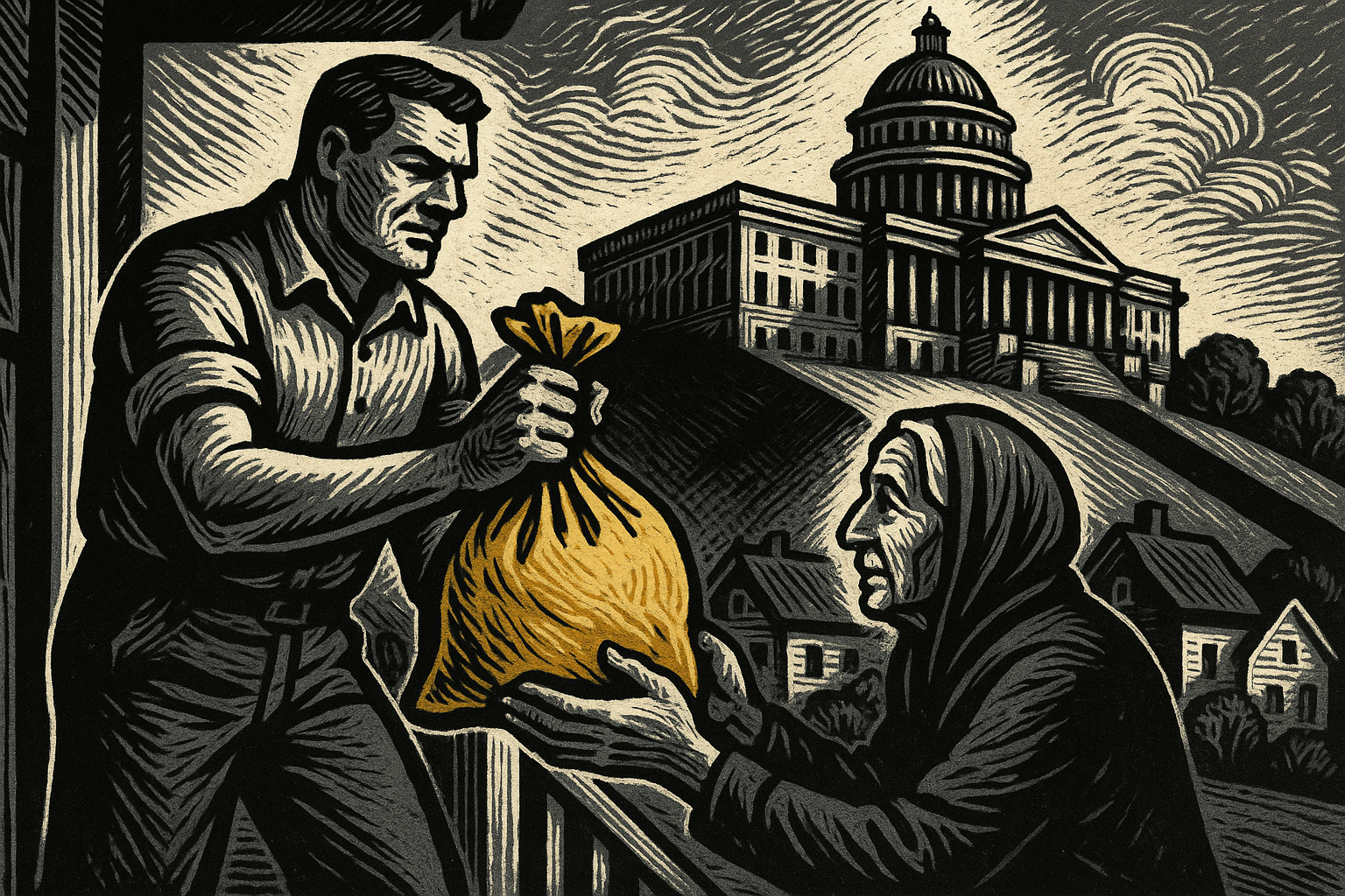 AI woodcut allegory for Section 6 - the free man and his neighbor versus the managed state