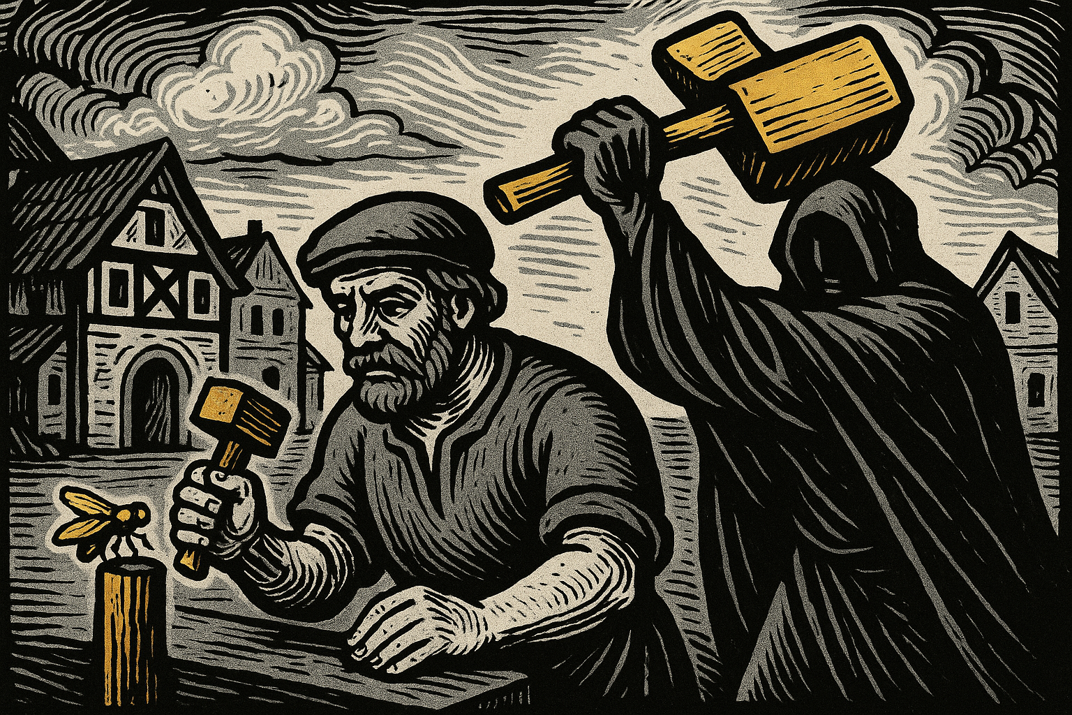 AI woodcut allegory - proportionate force versus excessive punishment