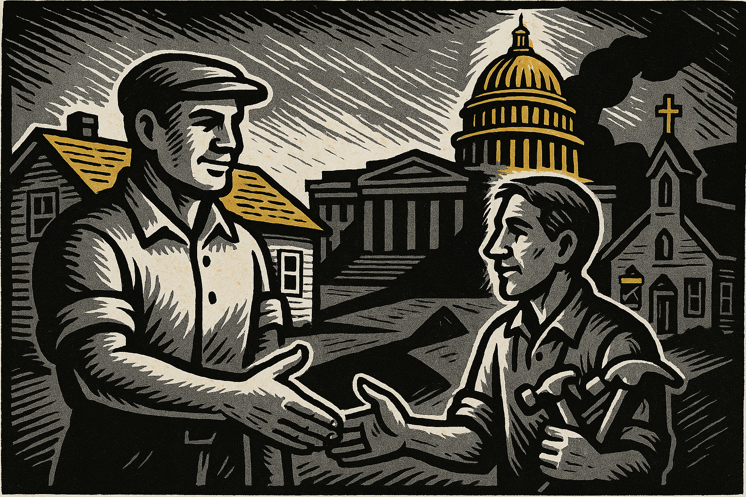 AI woodcut - man with paid-off house and neighbor in need