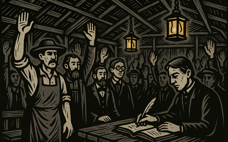 A 19th-century American town meeting: citizens of various trades voting by show of hands on a local question while a clerk records the vote